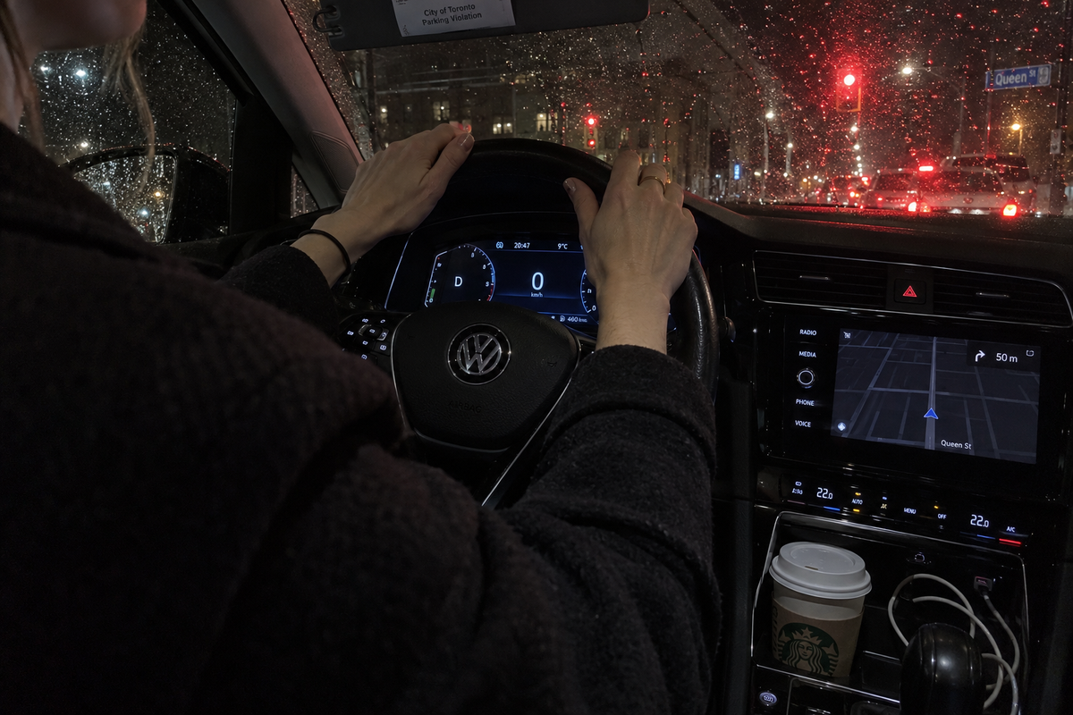 Rain on the windscreen at night, both hands at the top of the wheel, the car stopped and the dashboard the only light in it.