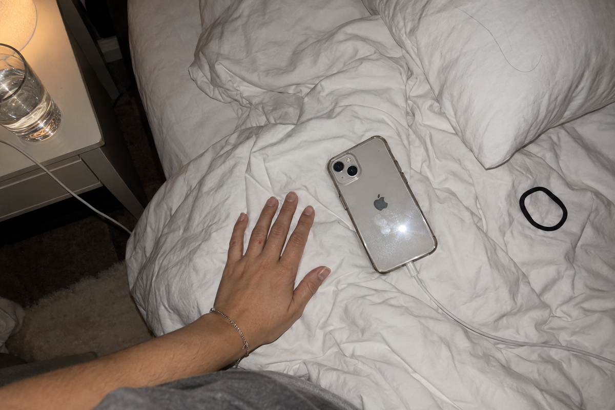 A phone face down on a rumpled duvet at night, a hand resting on the bedding beside it and not touching it.