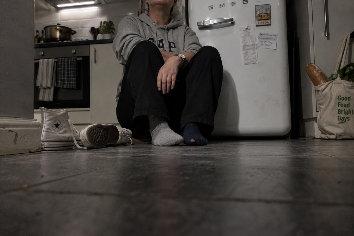 Sitting on the kitchen floor with her back against the fridge, trainers kicked off beside her, one forearm across a knee.