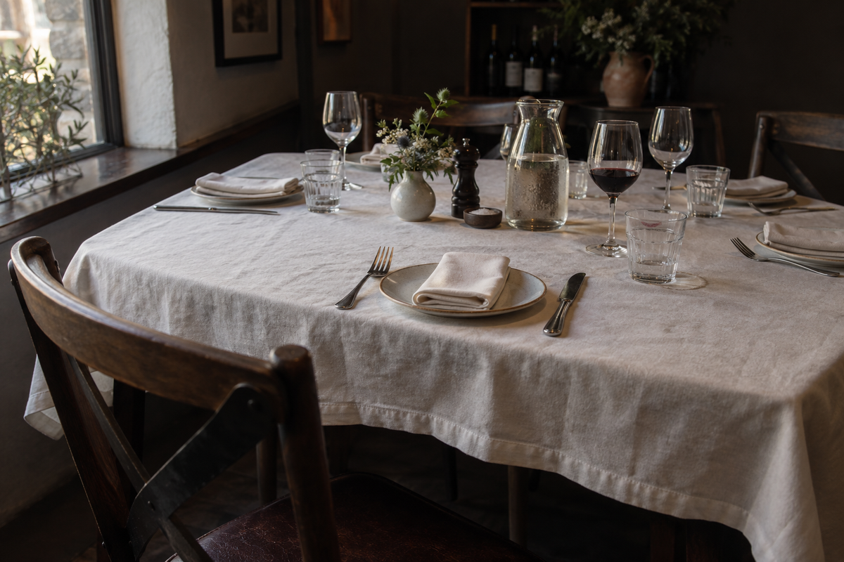 A restaurant table laid for six in late afternoon light, nobody arrived yet, one napkin still folded at the near place.