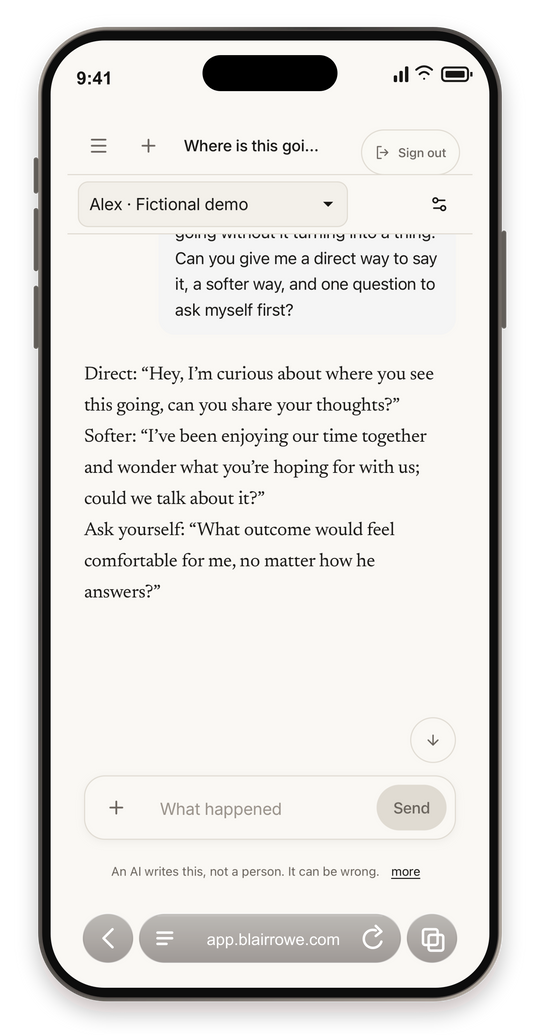 Fictional demonstration in Say It Once: a direct version, a softer version and one question to ask yourself first.