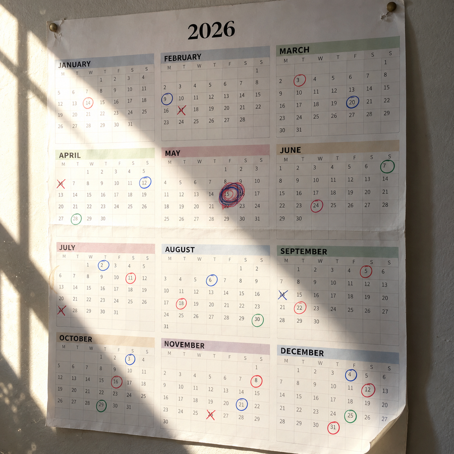 A full-year 2026 wall planner, dates ringed in several inks across every month, one date gone round until the ink nearly tore the paper.